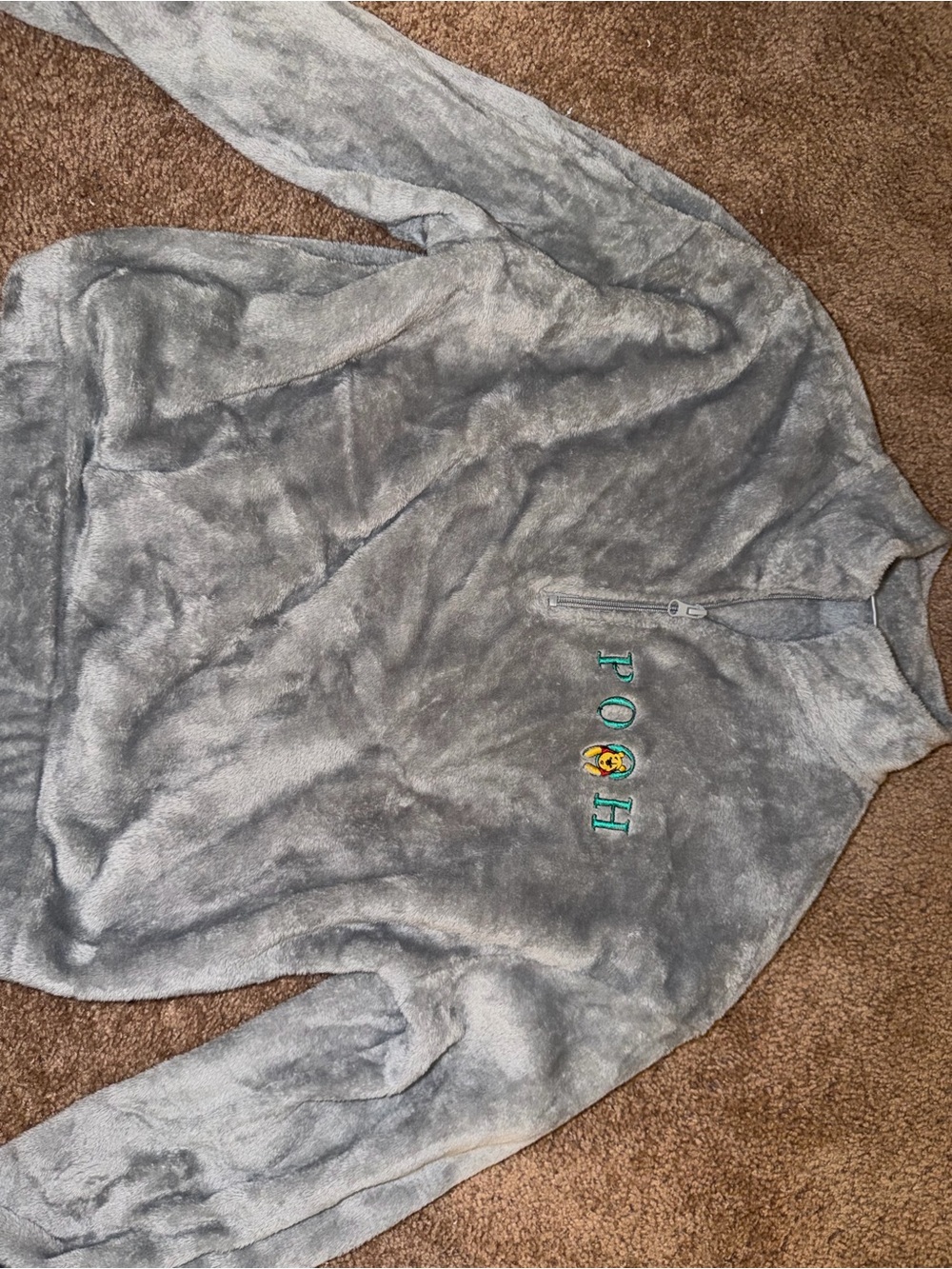Disney Plush Quarter-Zip Pooh Sweater - Gray with Teal Embroidery